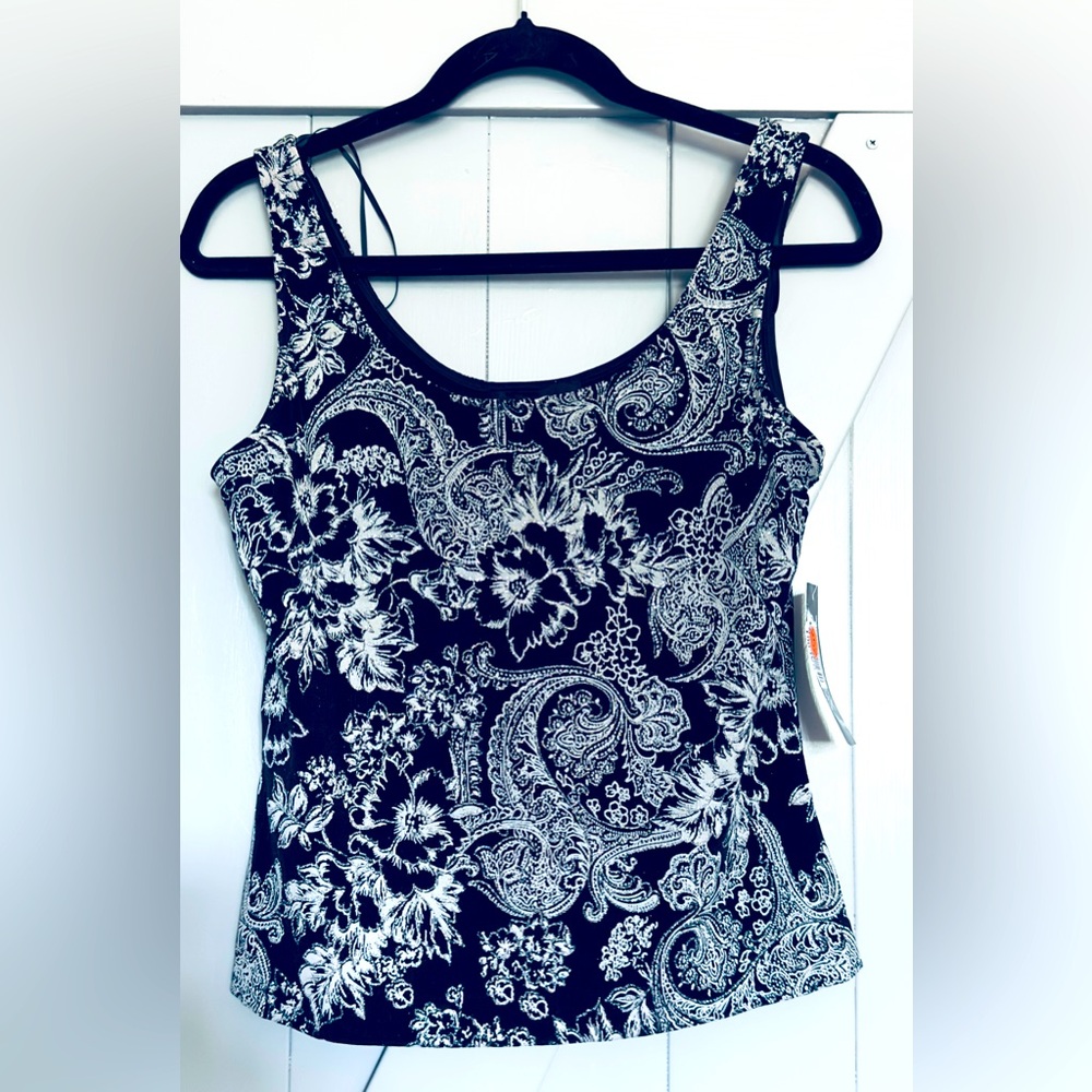NWT SZ Small Alex Evening  Floral Black and Silver White Women's Top